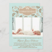 Blue Elegant Floral Christening Foto uitnodiging (Voorkant / Achterkant)