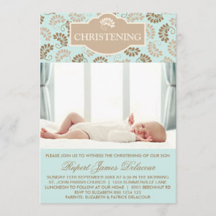 Blue Elegant Floral Christening Foto uitnodiging