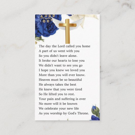 Blue Elegant Floral Photo Funeral Prayer Kaart Visitekaartje (Achterkant)