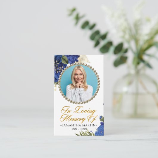 Blue Elegant Floral Photo Funeral Prayer Kaart Visitekaartje (Staand voorkant)