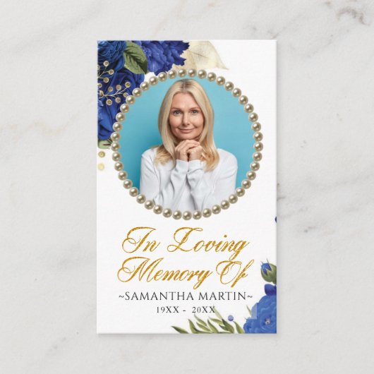 Blue Elegant Floral Photo Funeral Prayer Kaart Visitekaartje (Voorkant)