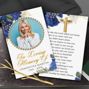 Blue Elegant Floral Photo Funeral Prayer Kaart Visitekaartje