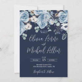 Blue Elegant Floral Script Wedding Invitation Kaart