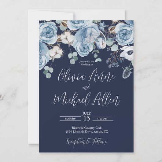 Blue Elegant Floral Script Wedding Invitation Kaart (Voorkant)