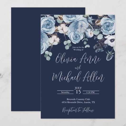Blue Elegant Floral Script Wedding Invitation Kaart (Voorkant / Achterkant)