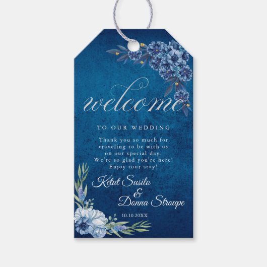 Blue Elegant floral summer wedding Cadeaulabel (Voorkant)
