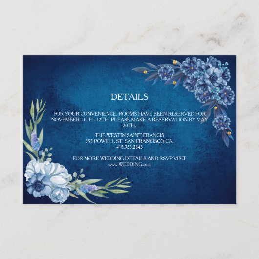 Blue Elegant floral summer wedding Informatiekaartje (Voorkant)