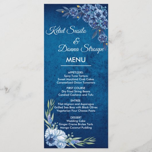 Blue Elegant floral summer wedding Menu (Voorkant)