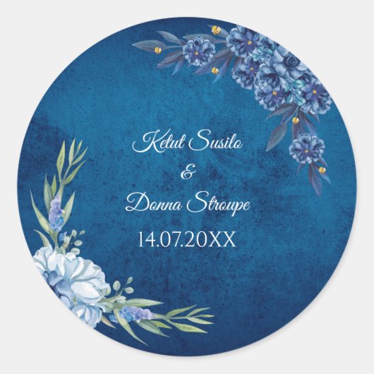 Blue Elegant floral summer wedding Ronde Sticker (Voorkant)