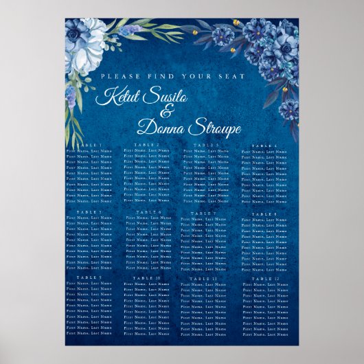 Blue Elegant floral summer wedding seating chart  Poster (Voorkant)