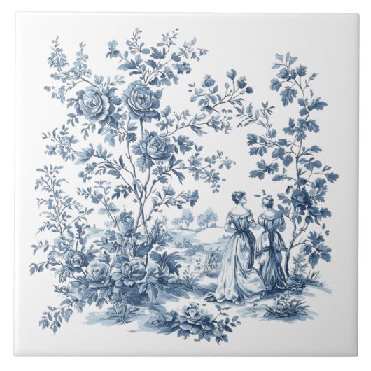 Blue Elegant Floral Toile Vintage Design Tegeltje (Voorkant)