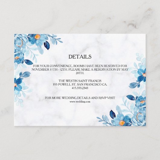 Blue Elegant flower summer wedding Informatiekaartje (Voorkant)