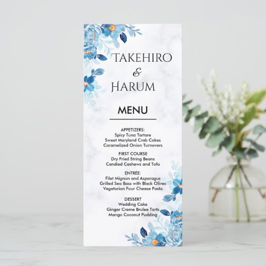 Blue Elegant flower summer wedding Menu (Staand voorkant)