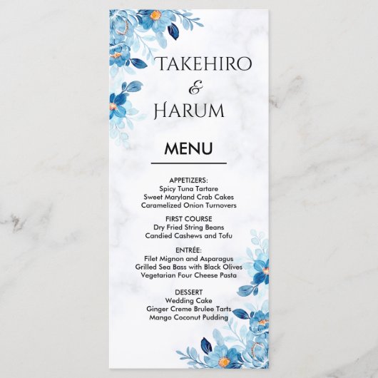 Blue Elegant flower summer wedding Menu (Voorkant)
