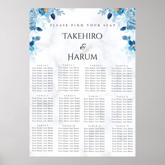 Blue Elegant flower summer wedding seating chart  Poster (Voorkant)