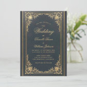 Blue Elegant  Gold Calligraphy Wedding Kaart (Staand voorkant)