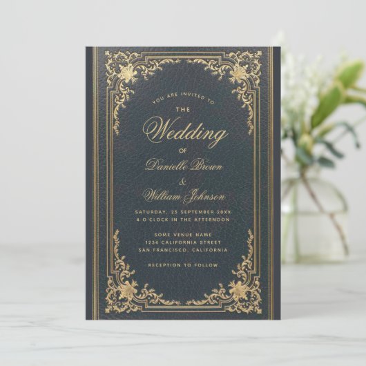 Blue Elegant  Gold Calligraphy Wedding Kaart (Staand voorkant)