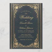Blue Elegant  Gold Calligraphy Wedding Kaart (Voorkant)