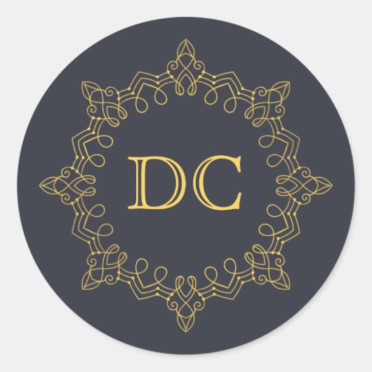 Blue Elegant Gold Design Monogram Ronde Sticker (Voorkant)