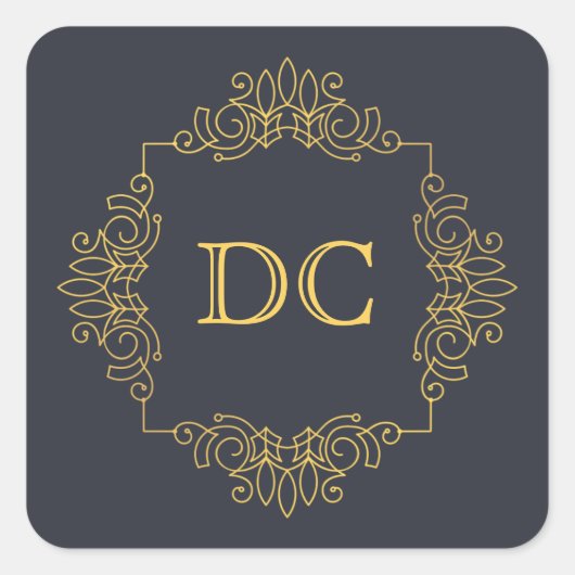 Blue Elegant Gold Design Monogram Vierkante Sticker (Voorkant)