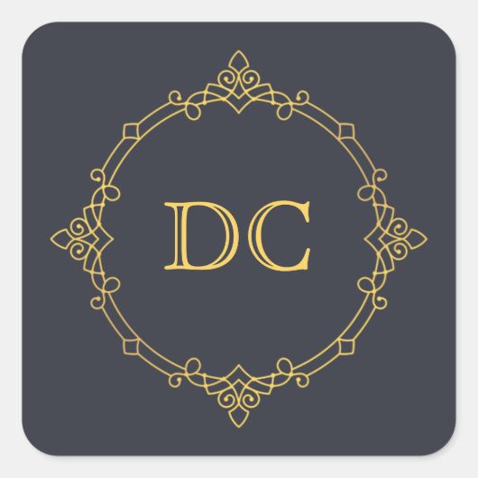 Blue Elegant Gold Design Monogram Vierkante Sticker (Voorkant)