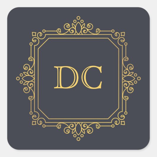 Blue Elegant Gold Design Monogram Vierkante Sticker (Voorkant)