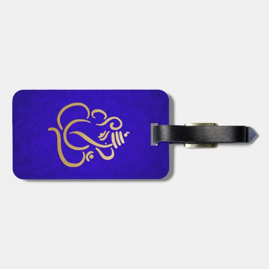 Blue Elegant Gold Ganesha Indian Damask Pattern Bagagelabel (Achterkant horizontaal)