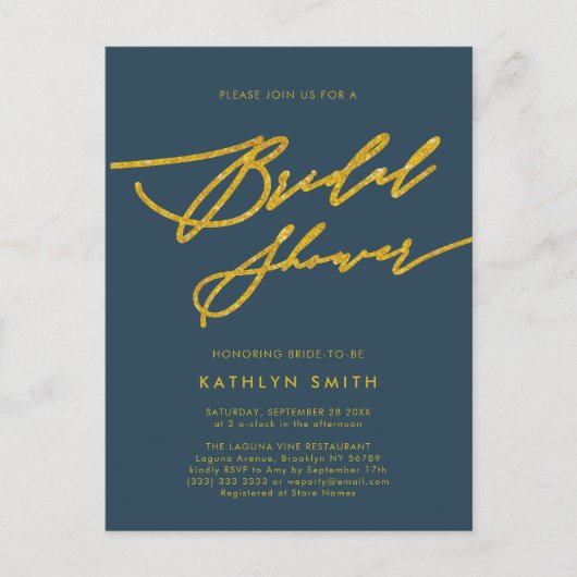 Blue Elegant Gold Script Minimalist Vrijgezellenfe Uitnodiging Briefkaart (Voorkant)