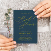 Blue Elegant Gold Script Minimalist Vrijgezellenfe Uitnodiging Briefkaart