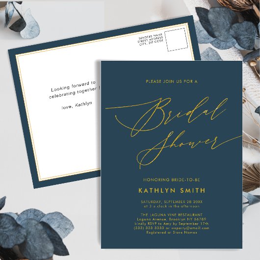 Blue Elegant Gold Script Minimalist Vrijgezellenfe Uitnodiging Briefkaart