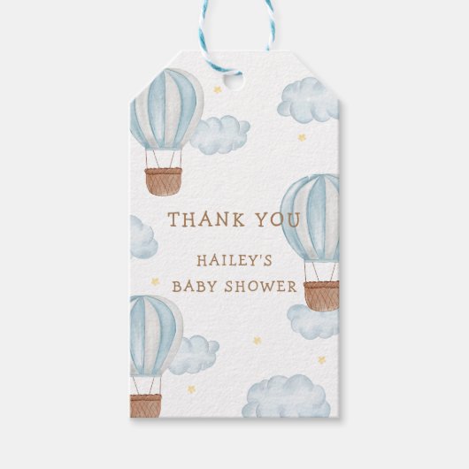 Blue Elegant Hete Luchtballon Wolk Boy Baby shower Cadeaulabel (Voorkant)