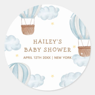 Blue Elegant Hete Luchtballon Wolk Boy Baby shower Ronde Sticker