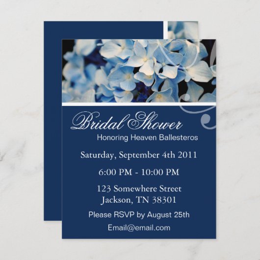 Blue Elegant Hydrangea Bridal Shower Invitations Kaart (Voorkant / Achterkant)