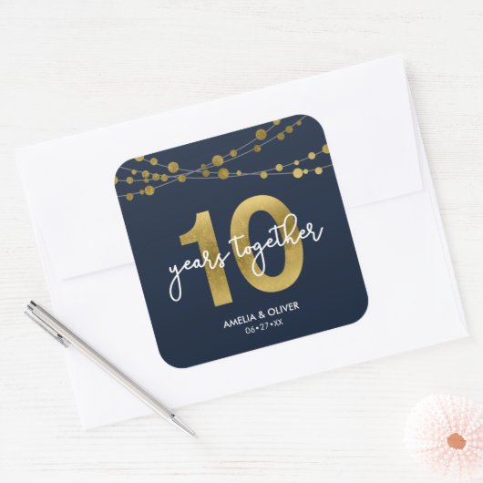 Blue Elegant Lights 10th Wedding Jubileum Vierkante Sticker (Envelop)