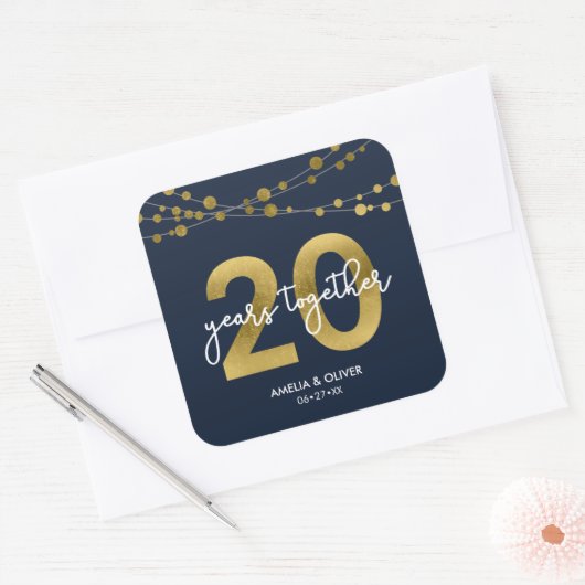 Blue Elegant Lights 20th Wedding Jubileum Vierkante Sticker (Envelop)
