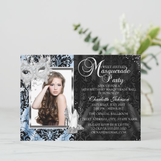 Blue Elegant Masquerade Photo Sweet16 Kaart (Staand voorkant)