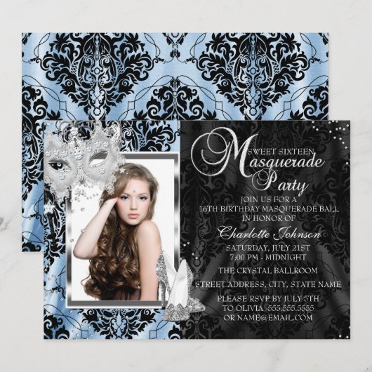 Blue Elegant Masquerade Photo Sweet16 Kaart (Voorkant / Achterkant)