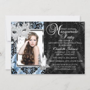 Blue Elegant Masquerade Photo Sweet16 Kaart