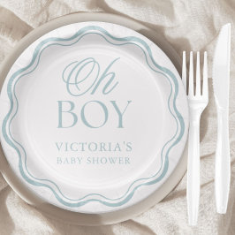 Blue Elegant Minimal Oh Boy Baby Shower Papieren Bordje