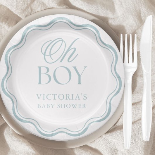 Blue Elegant Minimal Oh Boy Baby Shower Papieren Bordje
