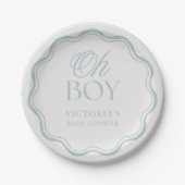 Blue Elegant Minimal Oh Boy Baby Shower Papieren Bordje (Voorkant)