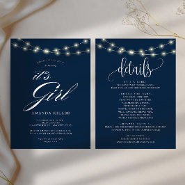 Blue Elegant Minimalist It's Girl Baby shower Kaart