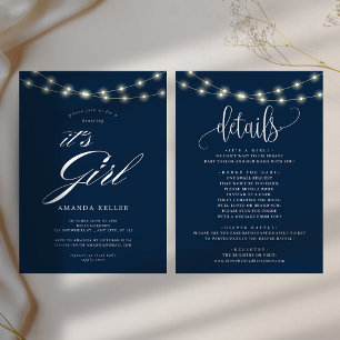Blue Elegant Minimalist It's Girl Baby shower Kaart