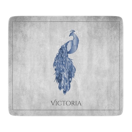 Blue Elegant Peacock Personalized Cutting Board Snijplank (Voorkant)