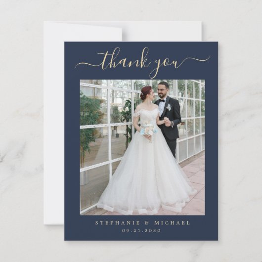 Blue Elegant Script 2 Photo Wedding Gold Script Bedankkaart (Voorkant)