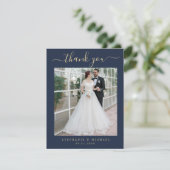 Blue Elegant Script 2 Photo Wedding Gold Script Bedankkaart (Staand voorkant)