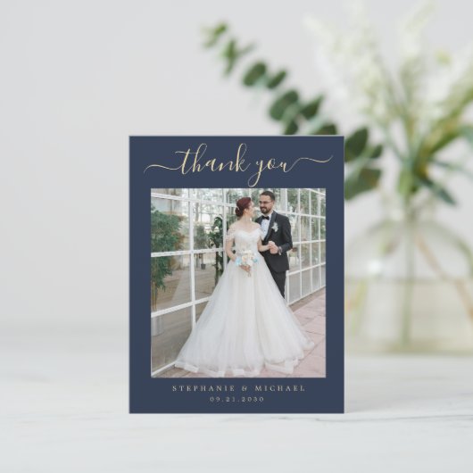 Blue Elegant Script 2 Photo Wedding Gold Script Bedankkaart (Staand voorkant)