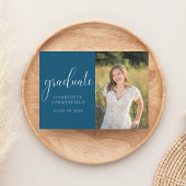 Blue Elegant Script Afstuderen Photo Invitation Kaart