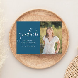 Blue Elegant Script Afstuderen Photo Invitation Kaart