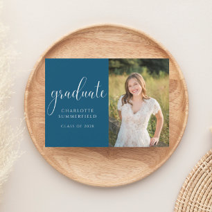 Blue Elegant Script Afstuderen Photo Invitation Kaart